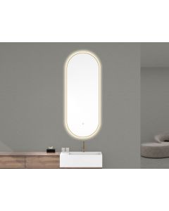 Wiesbaden Nomi spiegel met lijst ovaal met LED, dimbaar en spiegelverwarming 50 x 100 cm geborsteld messing