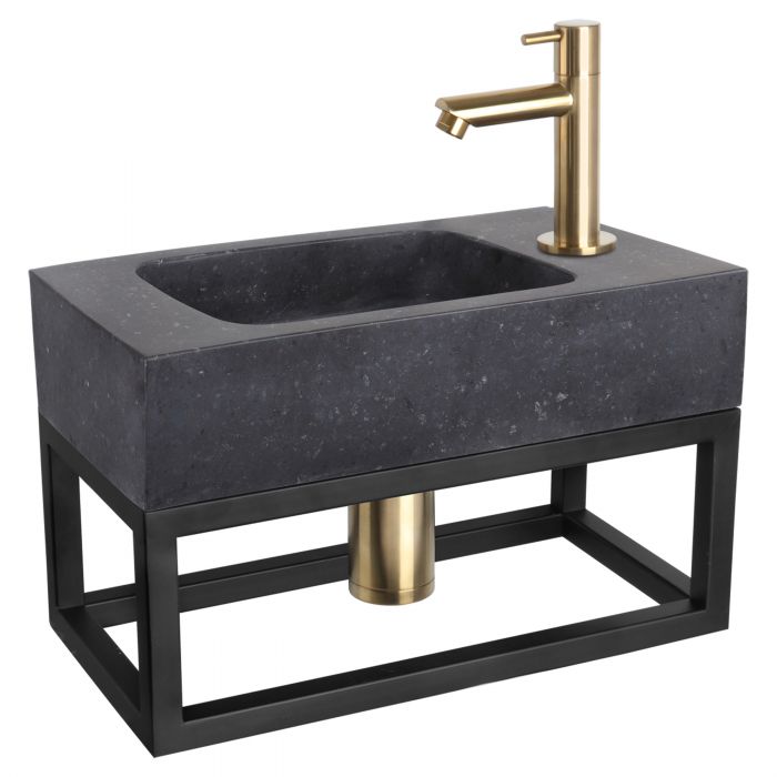 Differnz fonteinset bombai black natuursteen kraan recht mat goud 40 x 22 x 9 cm met handdoekrek